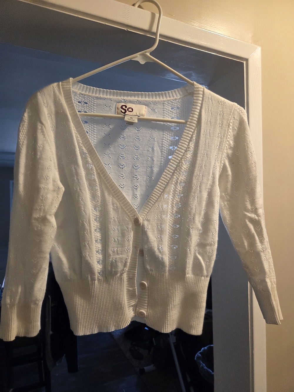 SO White Openwork V-Neck Button Cardigan Sweater